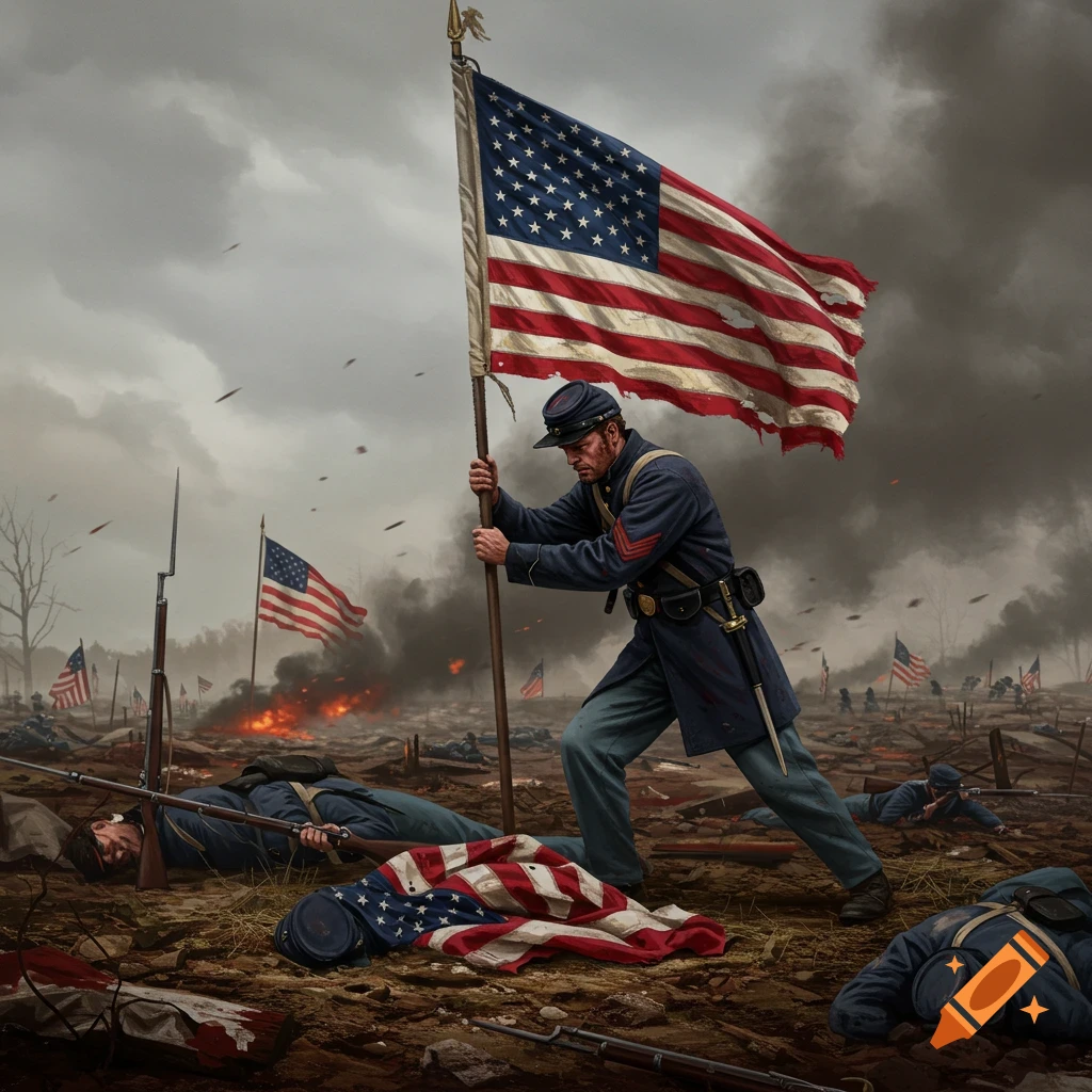A Union soldier plants a tattered American flag on a Civil War battlefield with fallen soldiers.