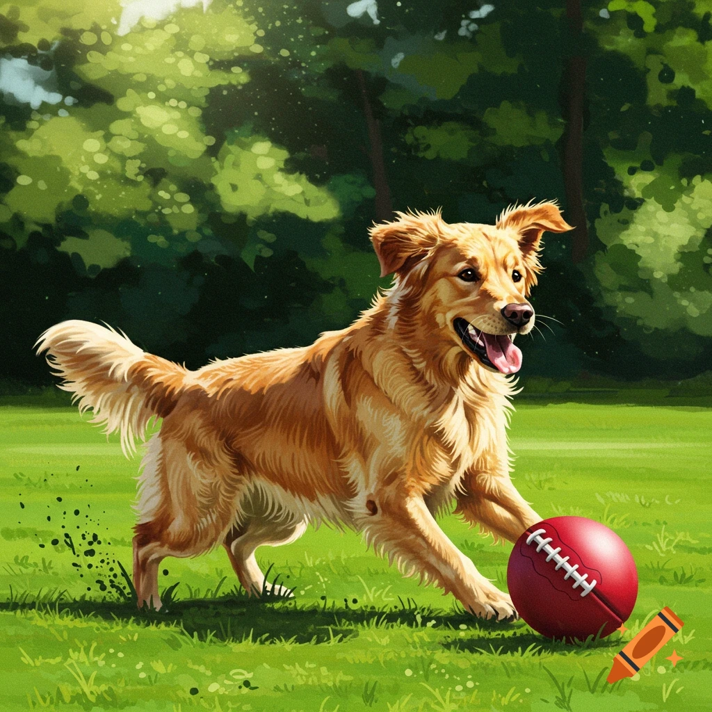 A golden retriever dog playing with a red football on grass in a park.