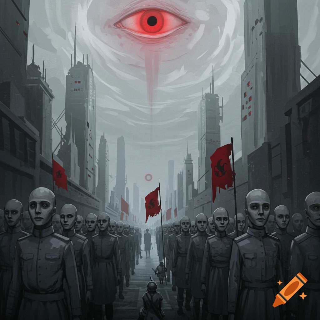 A large red eye looms above a crowd of marching, expressionless figures in a dystopian city.