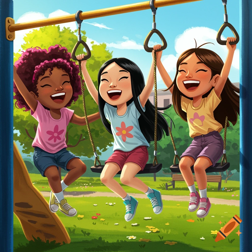 Three young girls swing and laugh on a playground swing set in a bright cartoon illustration.