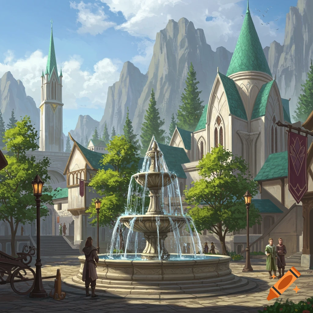 A fantasy city square with a large fountain, elven-style buildings, and mountains.