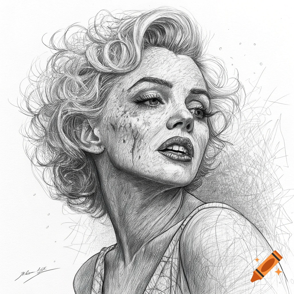 Black and white sketch portrait of a zombified Marilyn Monroe looking left