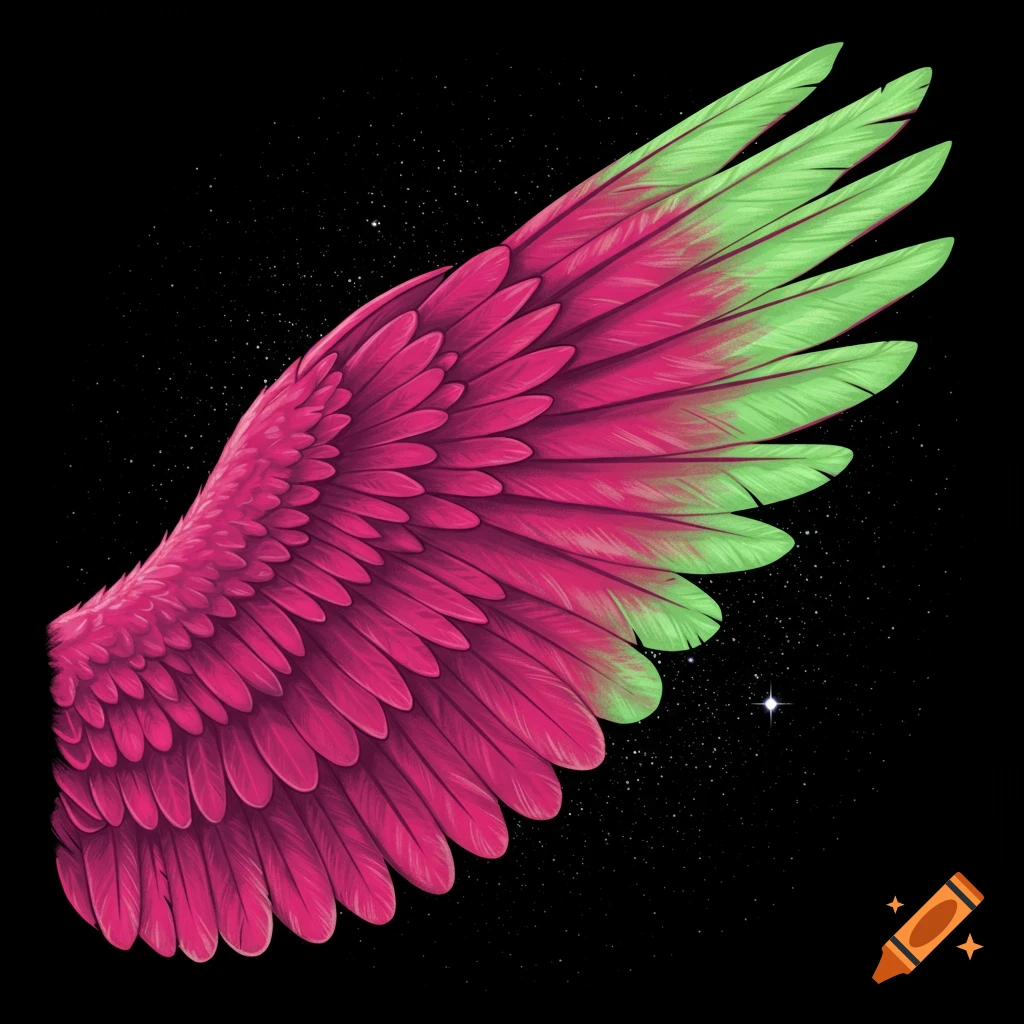 Pink and green wing against a starry black background.
