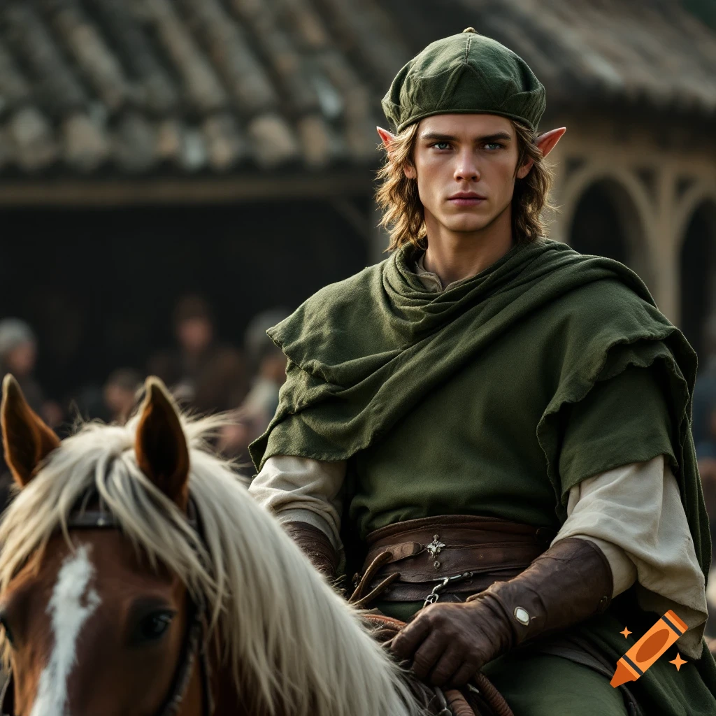 A cinematic photo of a fantasy character with pointed ears riding a horse.
