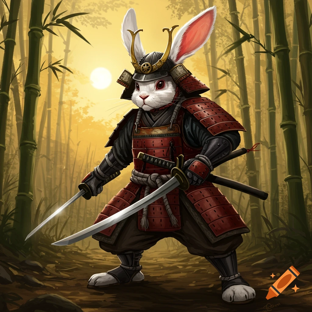 A rabbit samurai holding two swords in a bamboo forest at sunset.