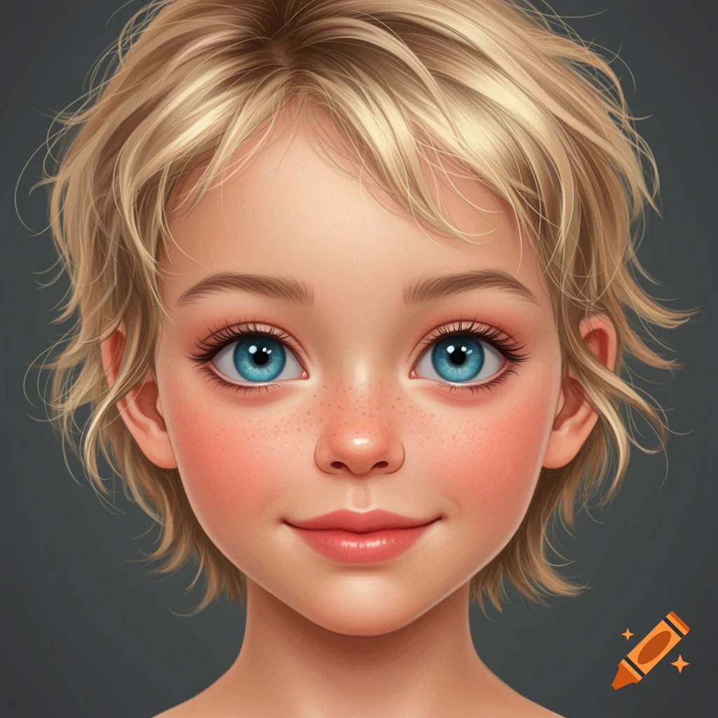 Portrait of a young blonde girl with blue eyes and freckles in a realistic cartoon style.