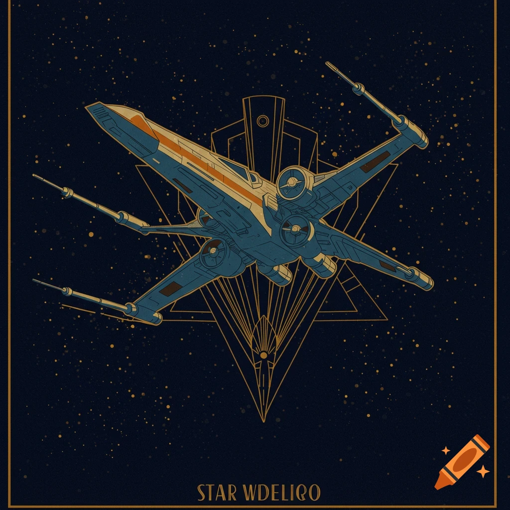 Art deco illustration of an X-wing starfighter against a starry background