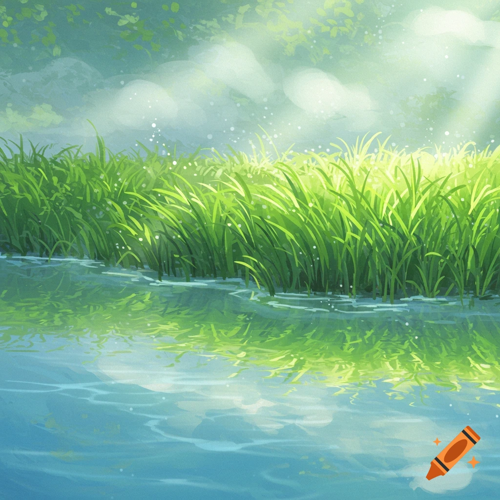 Lush green grass next to calm water with sunlight filtering through.