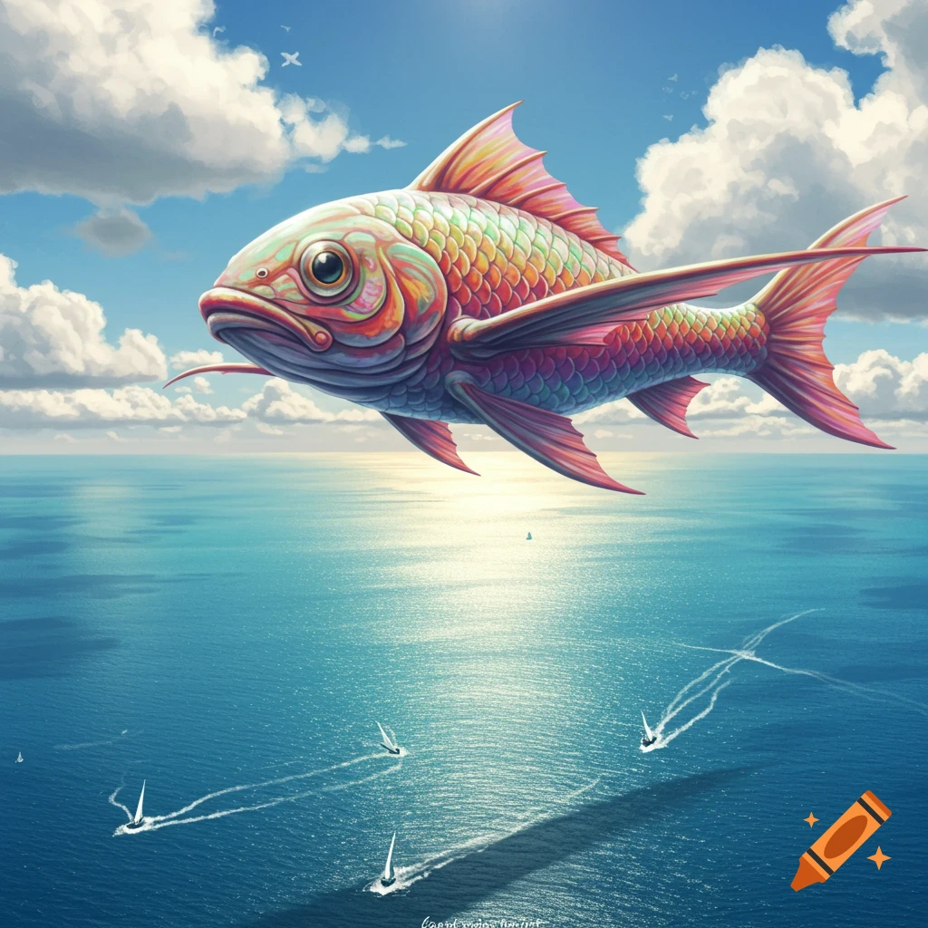 A vibrant, fish-like creature with wings is flying above a bright blue ocean with sailboats.