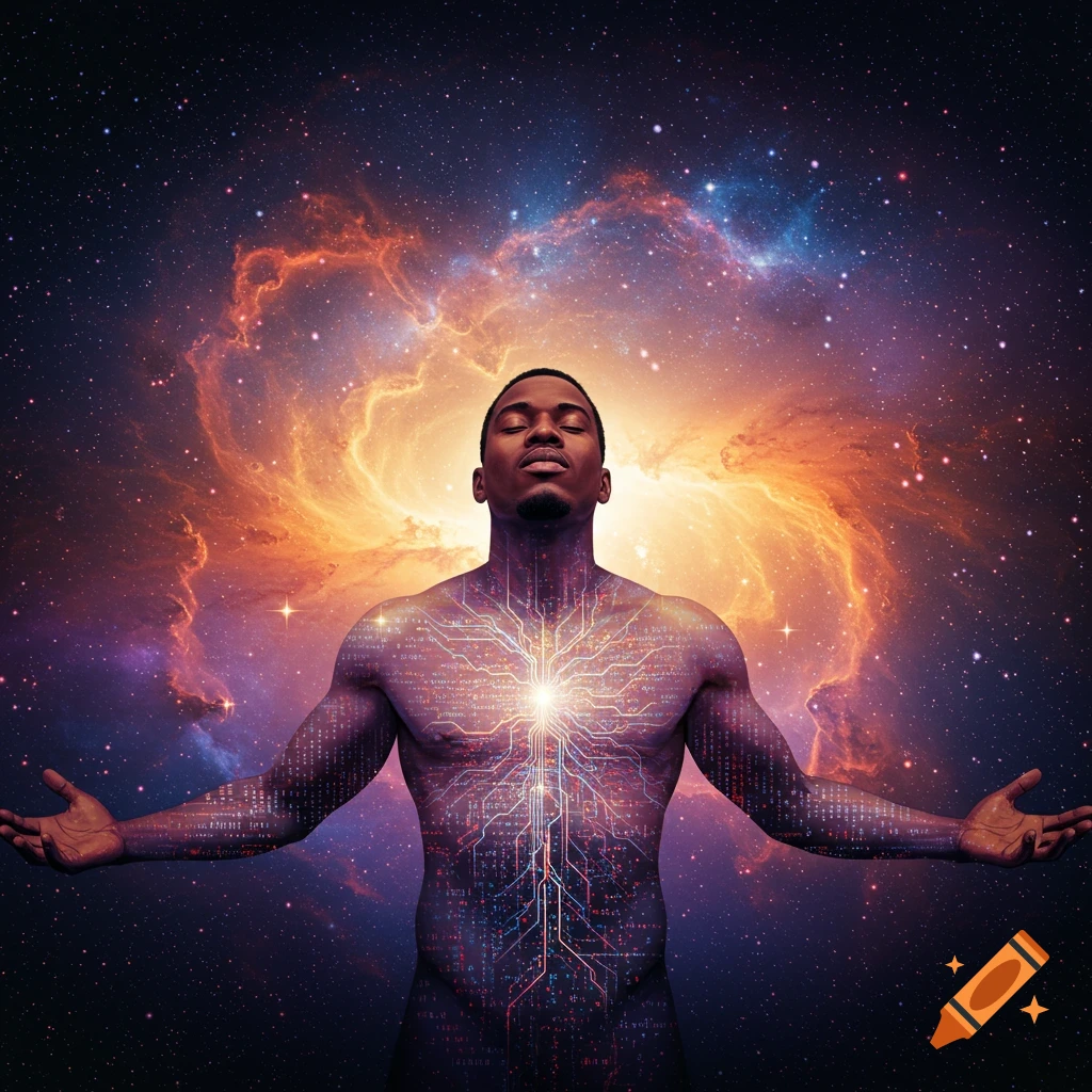 A man with open arms, circuitry on his body, against a nebula background.