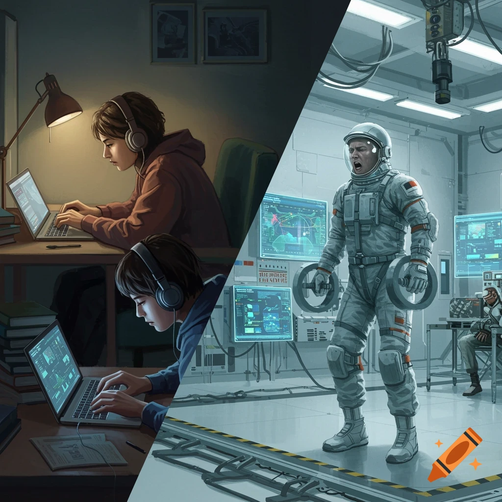 A split-screen image showing a student studying on a laptop and an astronaut training in a futuristic facility.