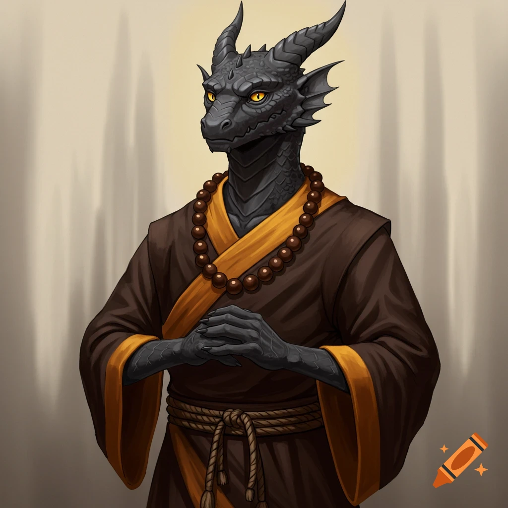 A black dragonborn monk with gold eyes and prayer beads