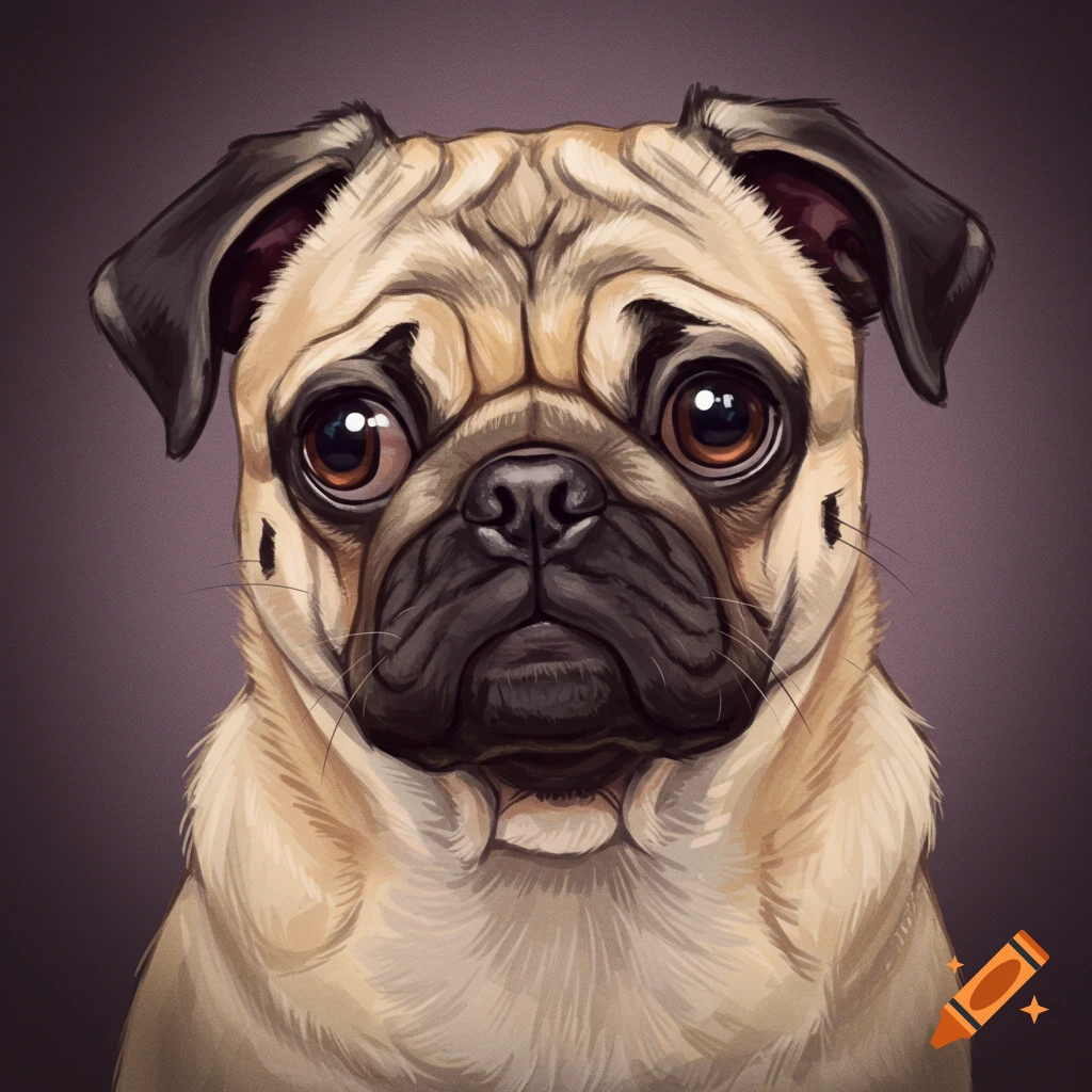 Portrait of a pug with large, expressive eyes against a dark background.