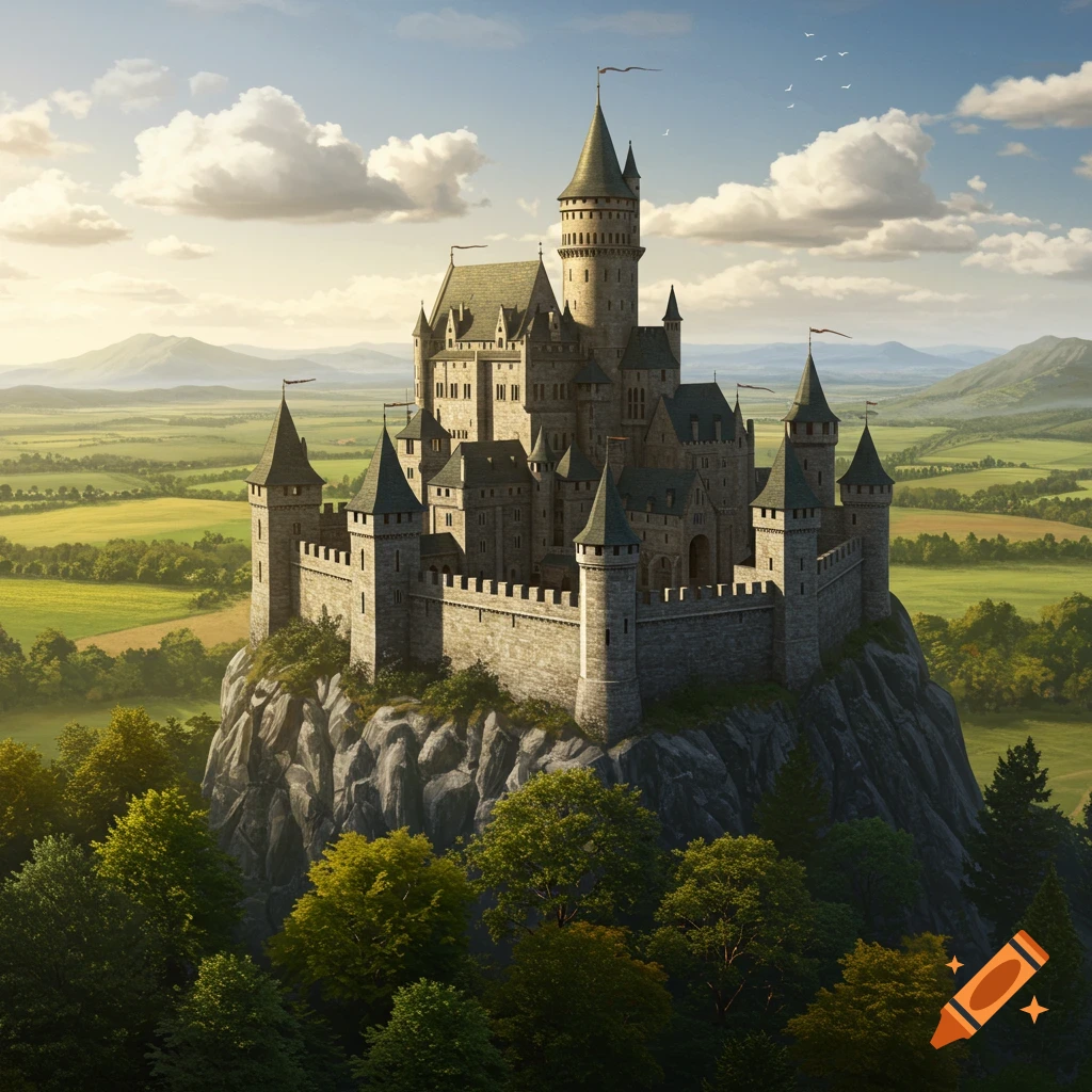 A large medieval castle on a rocky hill overlooking a valley