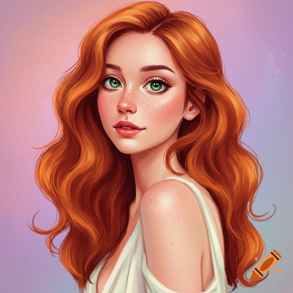 A woman with long red hair and green eyes