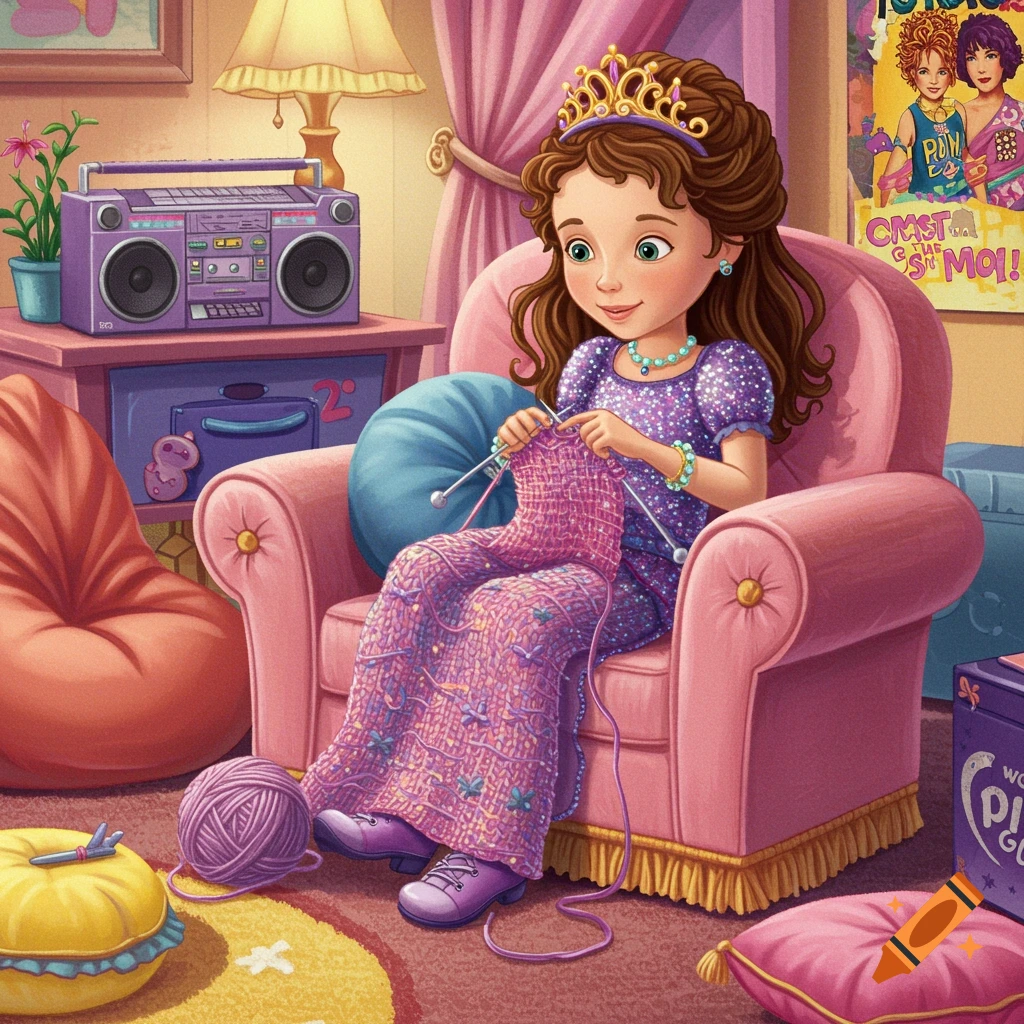 Whimsical illustration of a young girl knitting in a cozy room with pink decor and 2000s items.