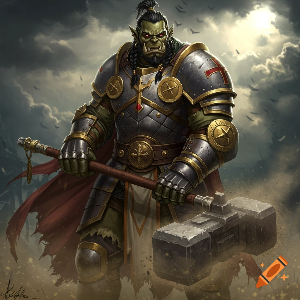 A half-orc paladin in armor holds a maul.