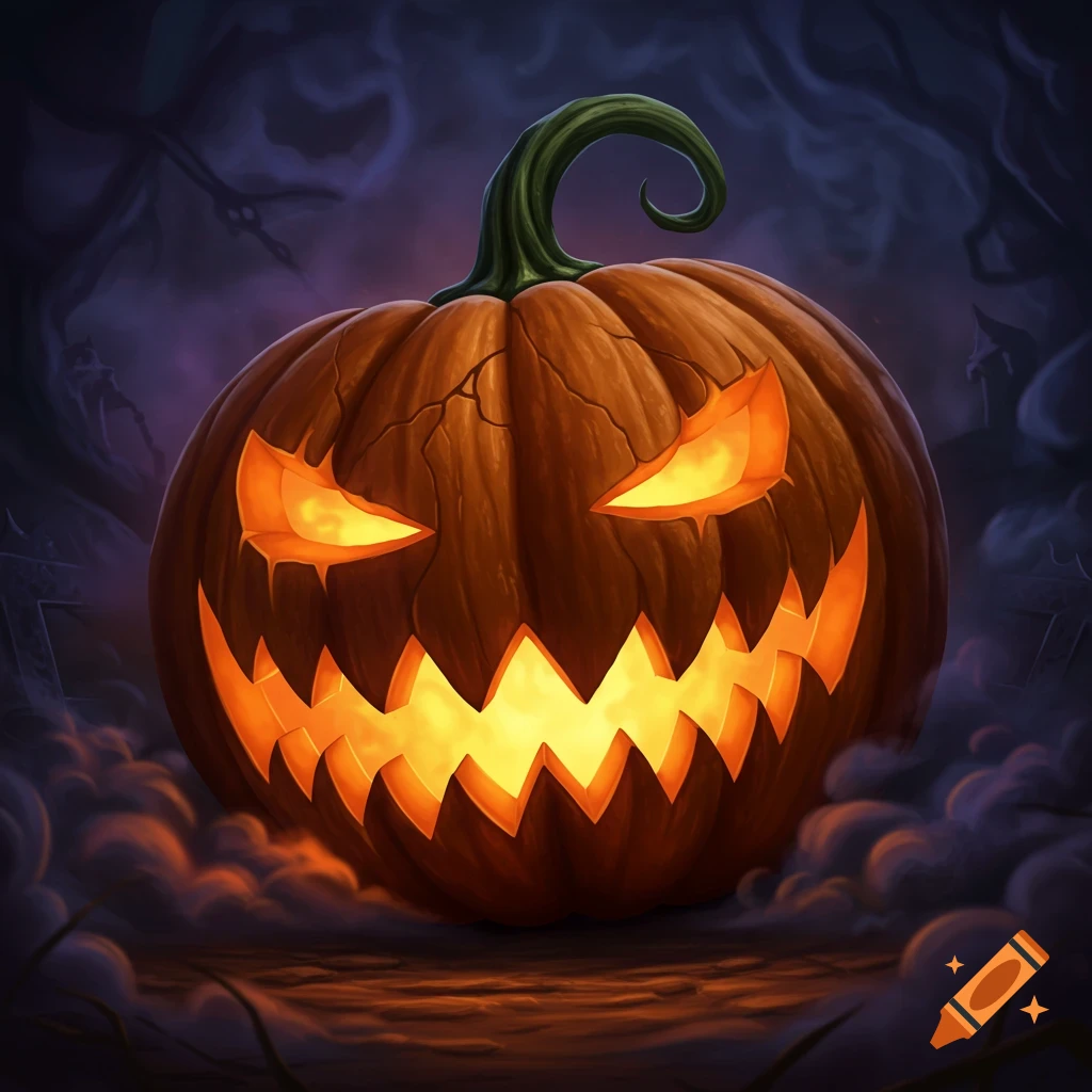 A spooky, carved Halloween pumpkin glowing in the dark.