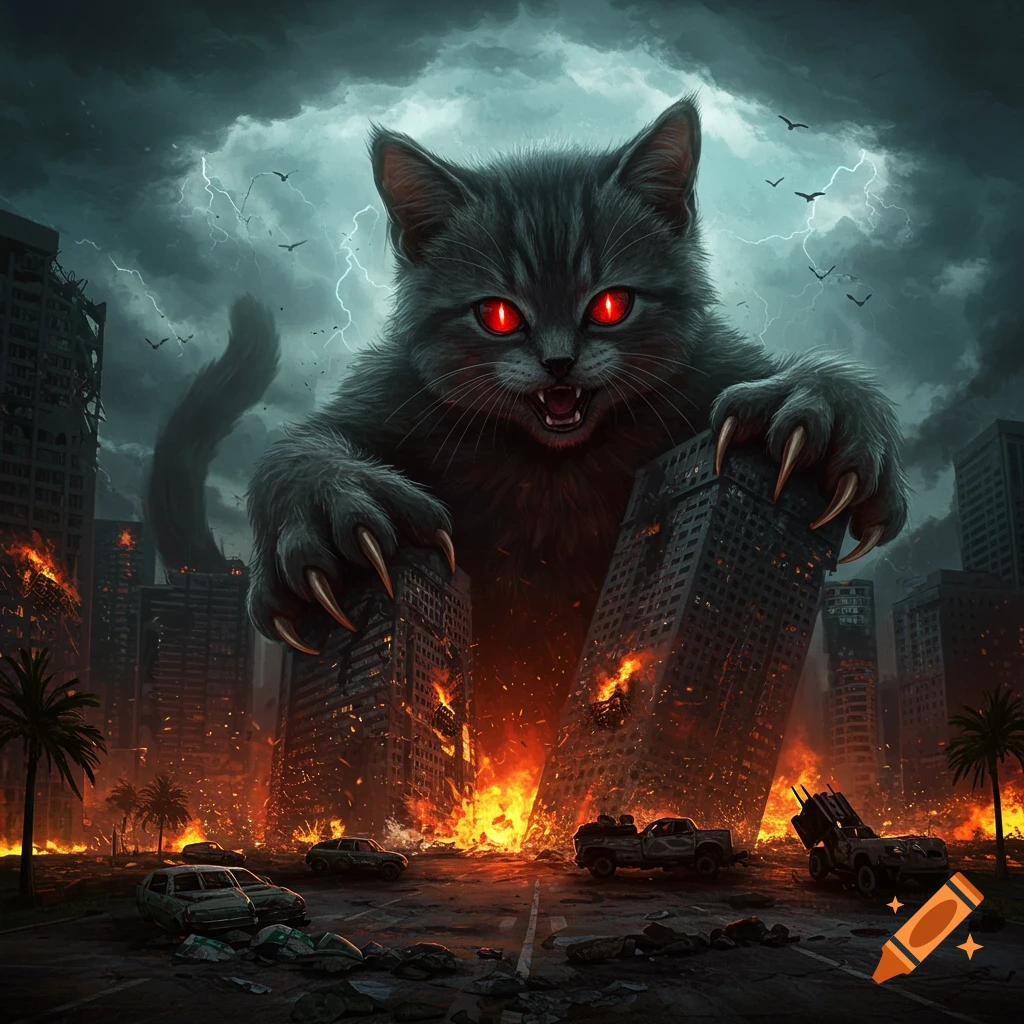 A giant evil kitten with red eyes destroying a city with buildings on fire