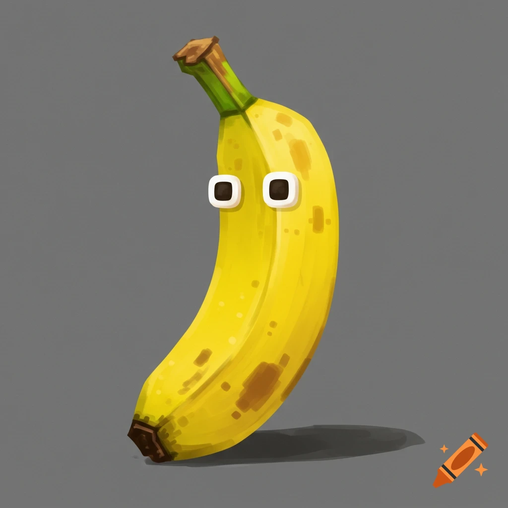 Painting of a standing banana with square eyes on a grey background.