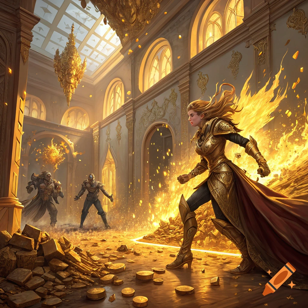 Epic fantasy painting of a female warrior in gold armor in a grand hall, surrounded by gold and fire, facing two figures.
