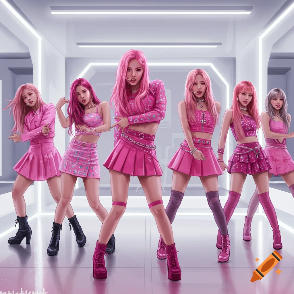 A K-pop girl group dancing in pink outfits in a modern studio.