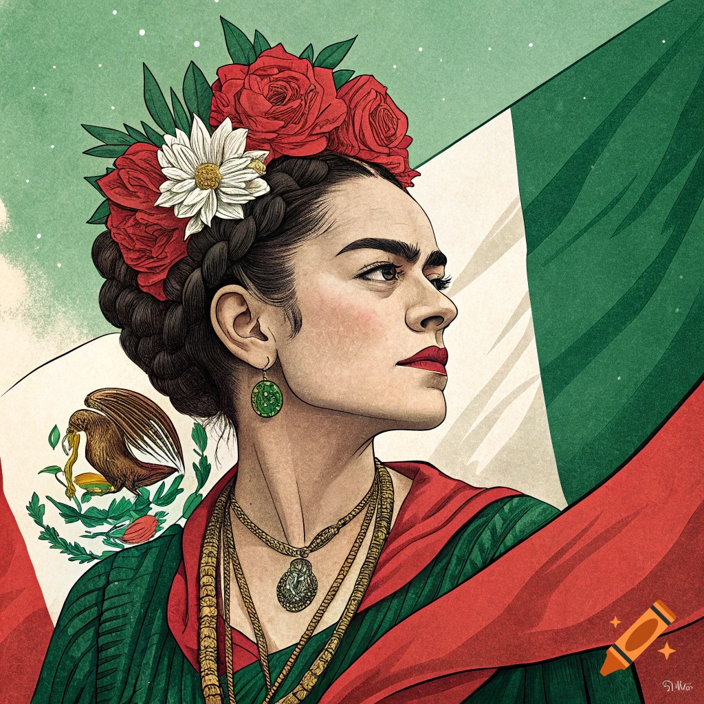 Illustrated portrait of Frida Kahlo with flowers in her hair in front of the Mexican flag.