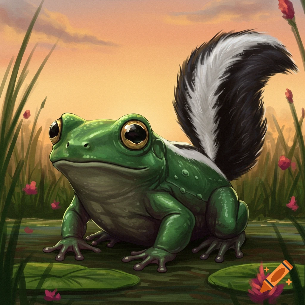 A green frog with a black and white skunk tail is sitting on a lily pad in a pond at sunset.