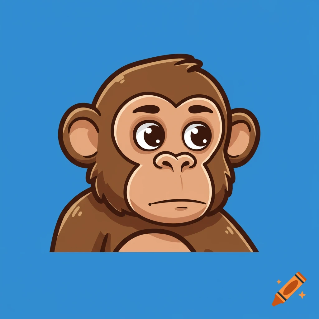 Cartoon logo of a pensive ape on a blue background.