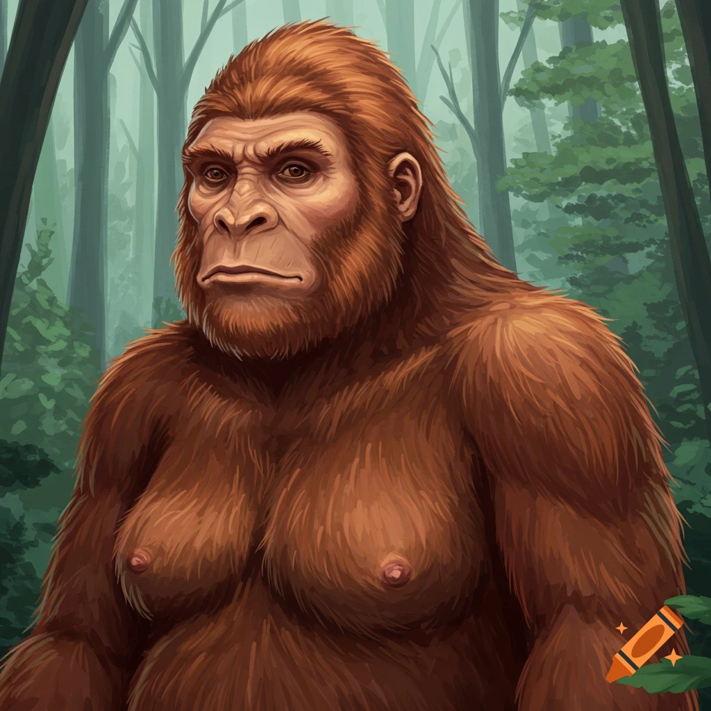 A female Bigfoot stands in a forest.