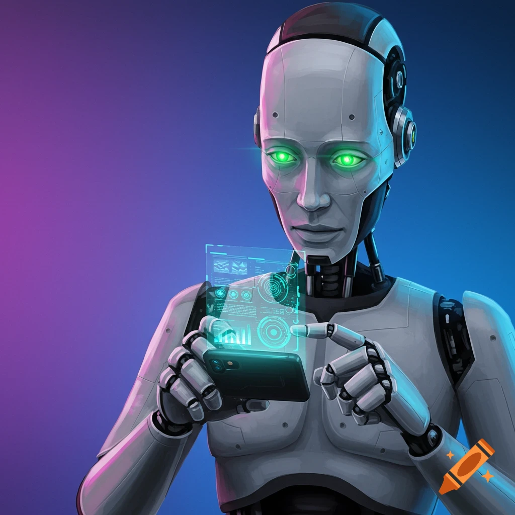 A robot with glowing green eyes using a phone and holographic display.
