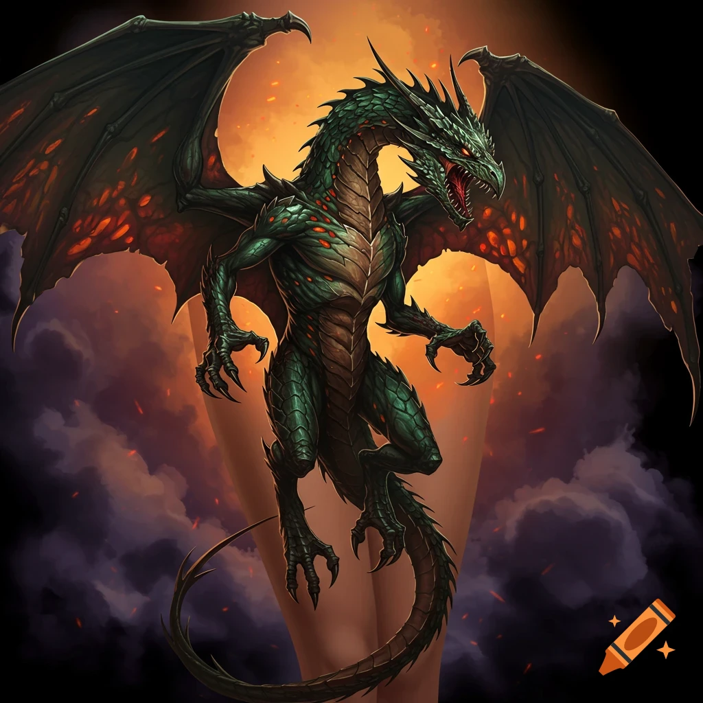A green dragon is flying against an orange and cloudy sky.