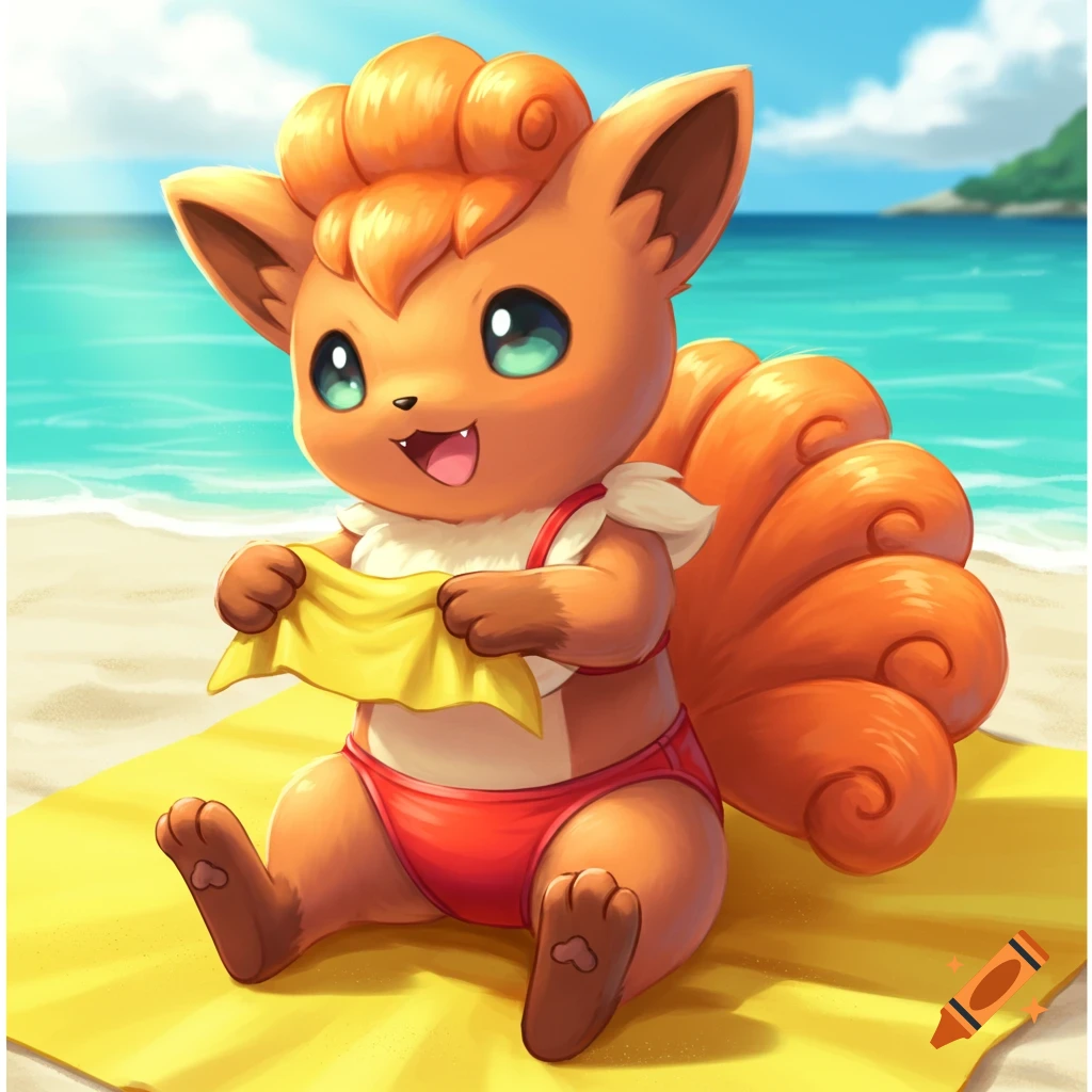 Cartoon Vulpix in a red swimsuit sits on a beach towel.