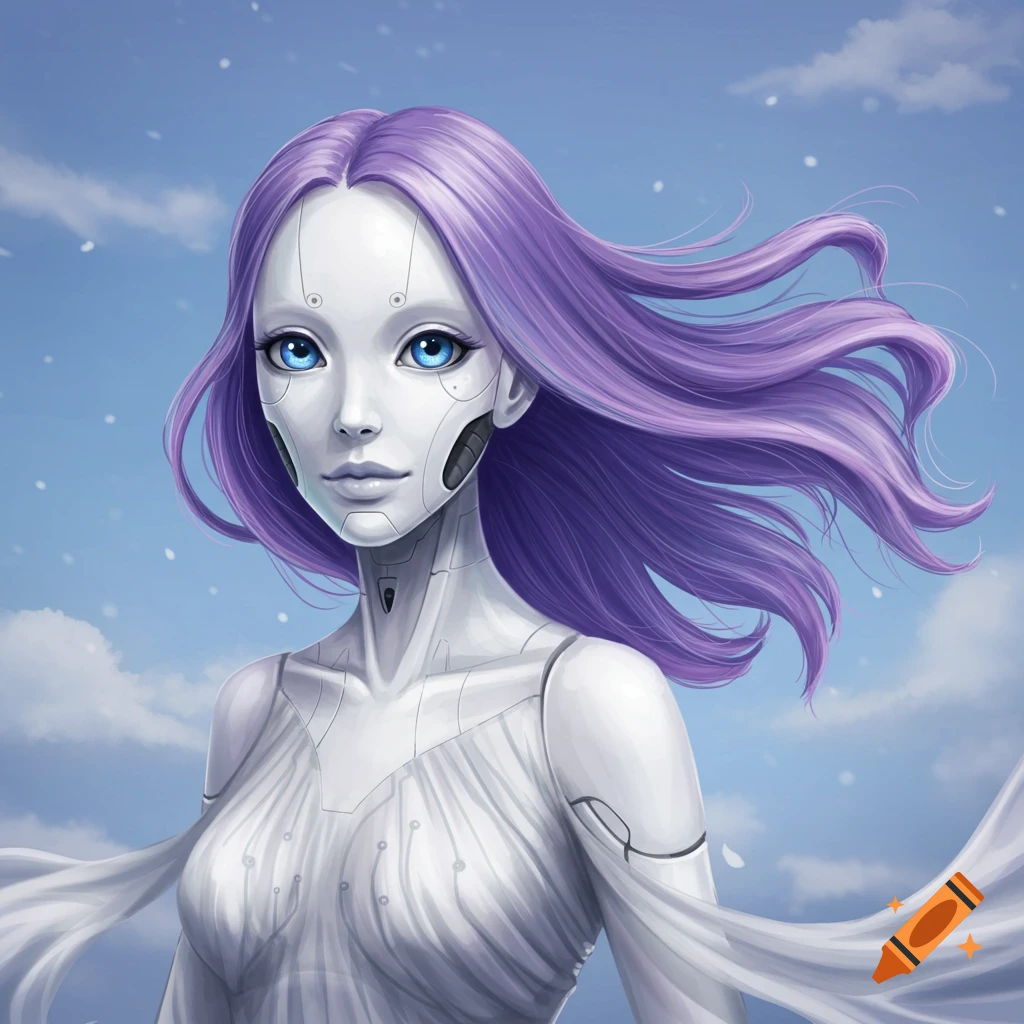 A feminine droid with purple hair and blue eyes in a white dress