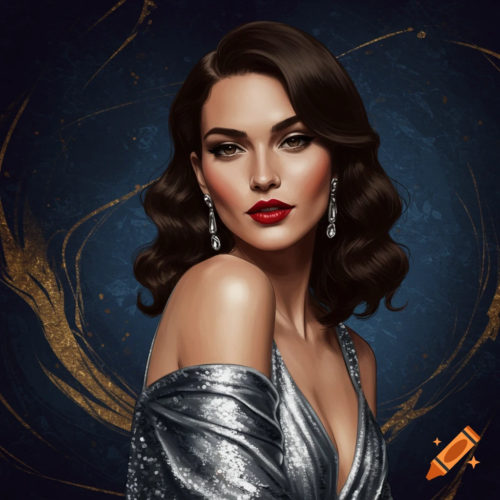 A glamorous woman with dark hair, red lipstick, and a silver dress.