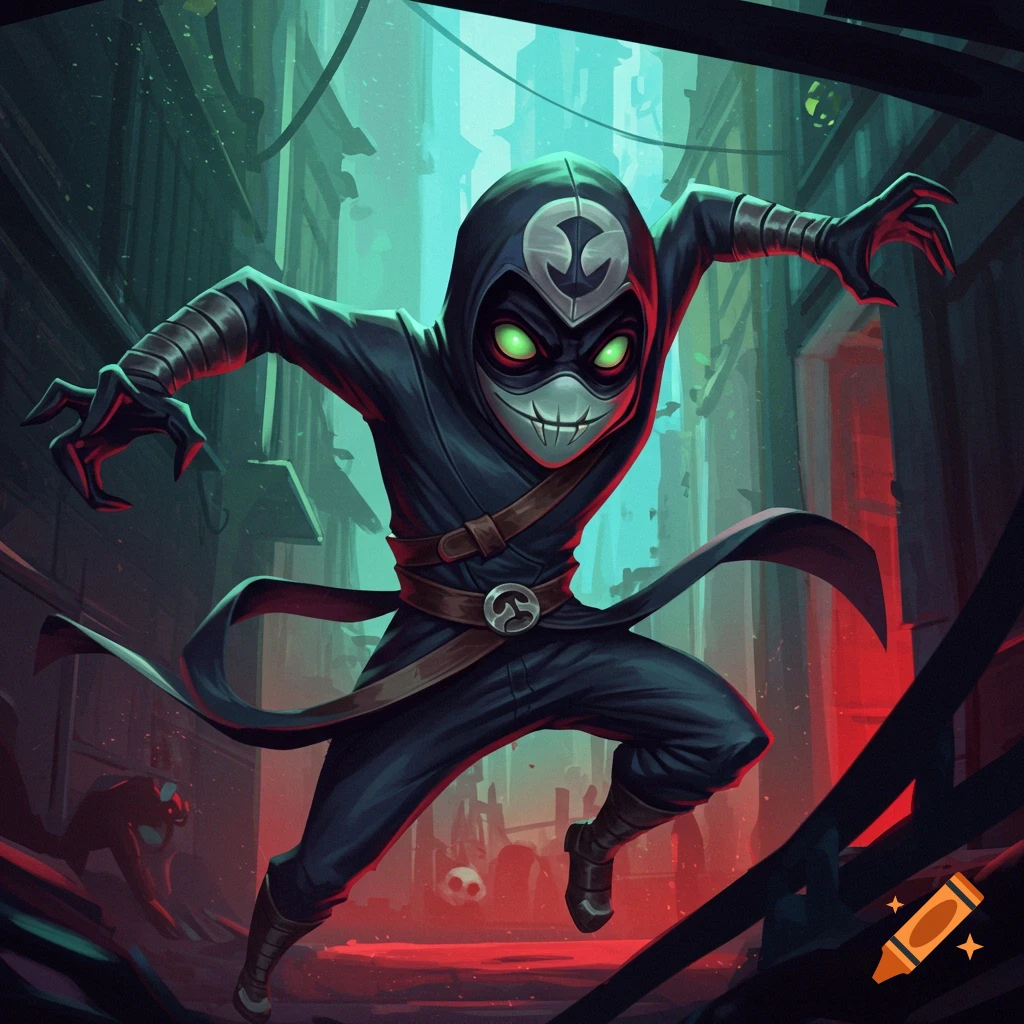 A character in a dark costume and mask with glowing green eyes leaping in a dark alley.