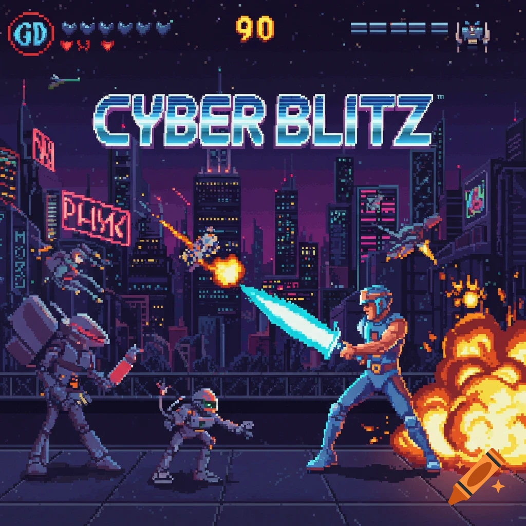 Pixel art retro arcade game cover with sci-fi battle, robots, energy sword, explosions, and 'CYBER BLITZ' title.