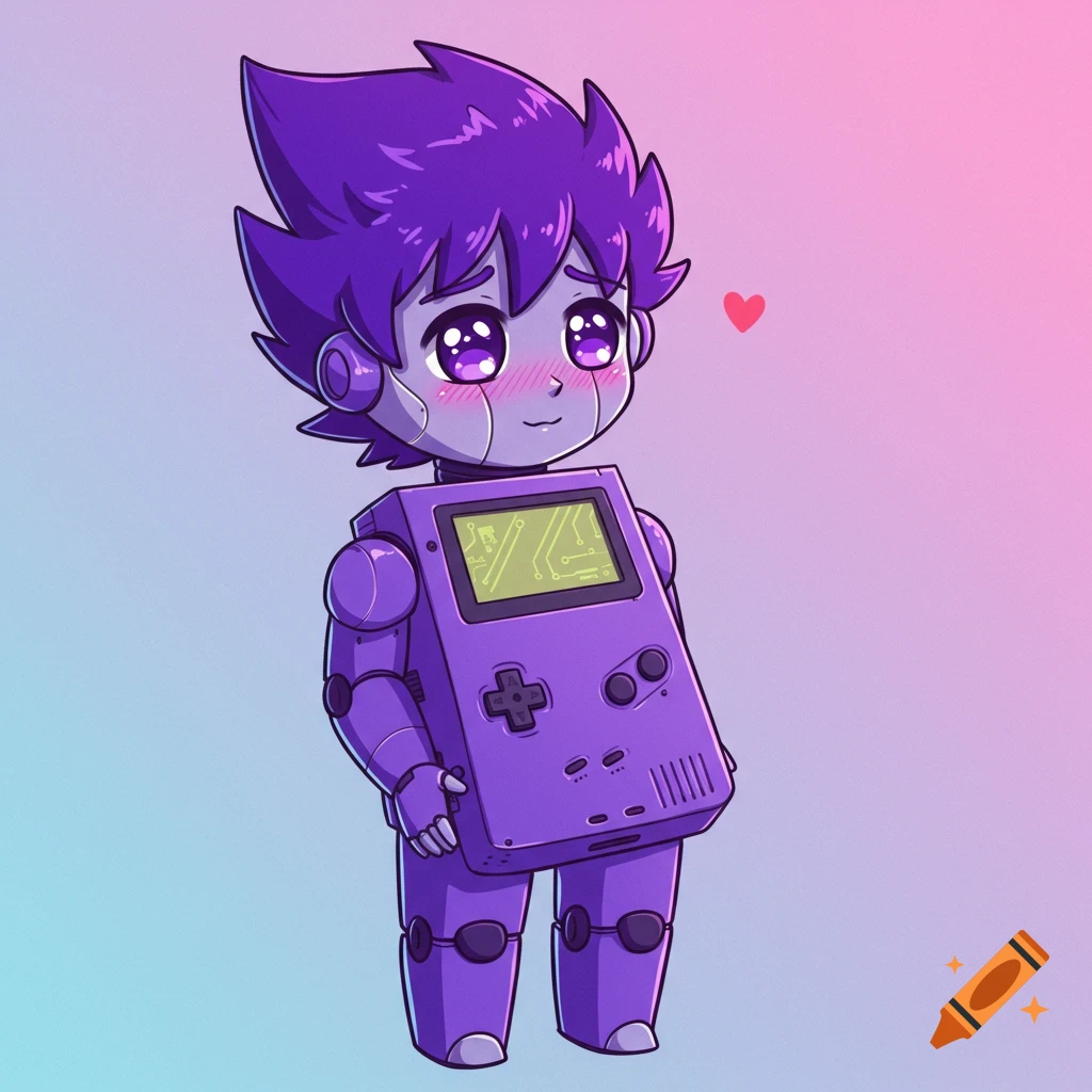 Cute purple anime robot with Gameboy body, purple hair, and blush, looking shy