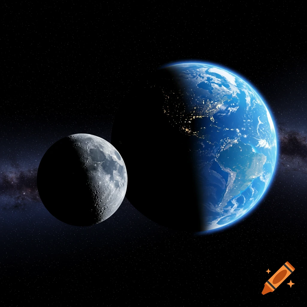 The moon and Earth are visible in outer space surrounded by stars.