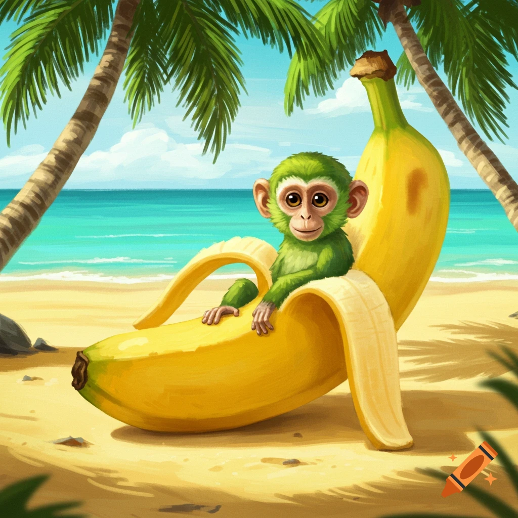 a green monkey sitting inside a peeled banana on a tropical beach