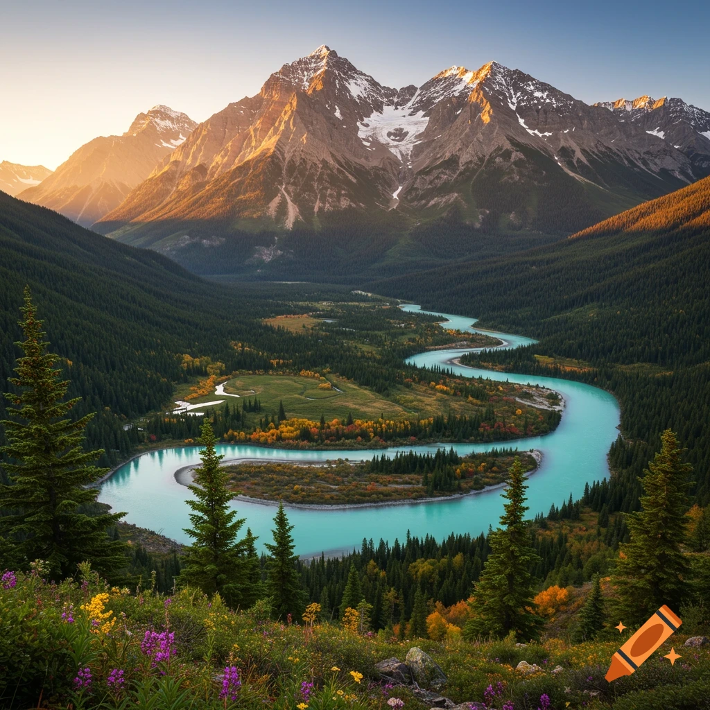 A winding river flows through a mountain valley during sunrise or sunset, surrounded by forests and flowers.