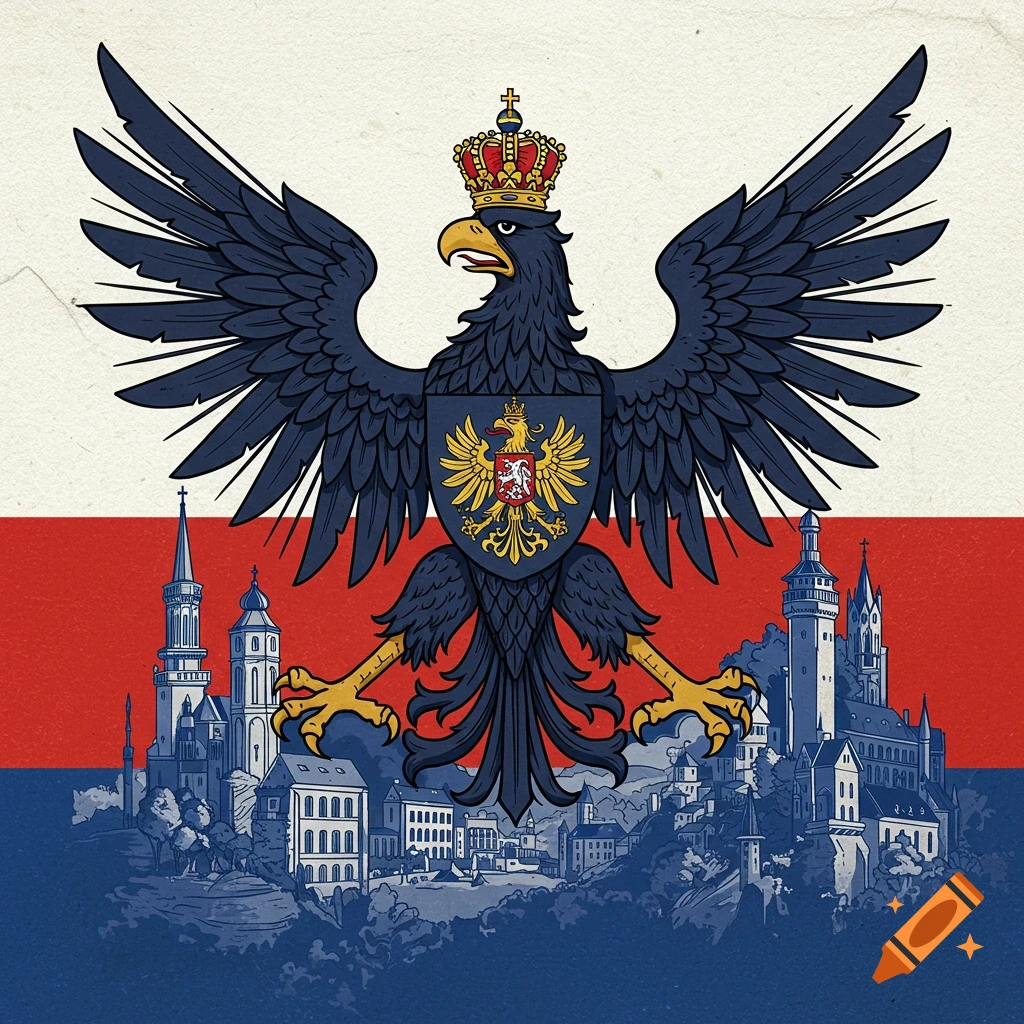 A black eagle heraldic emblem with a crown and shield over a red and blue band and a cityscape.