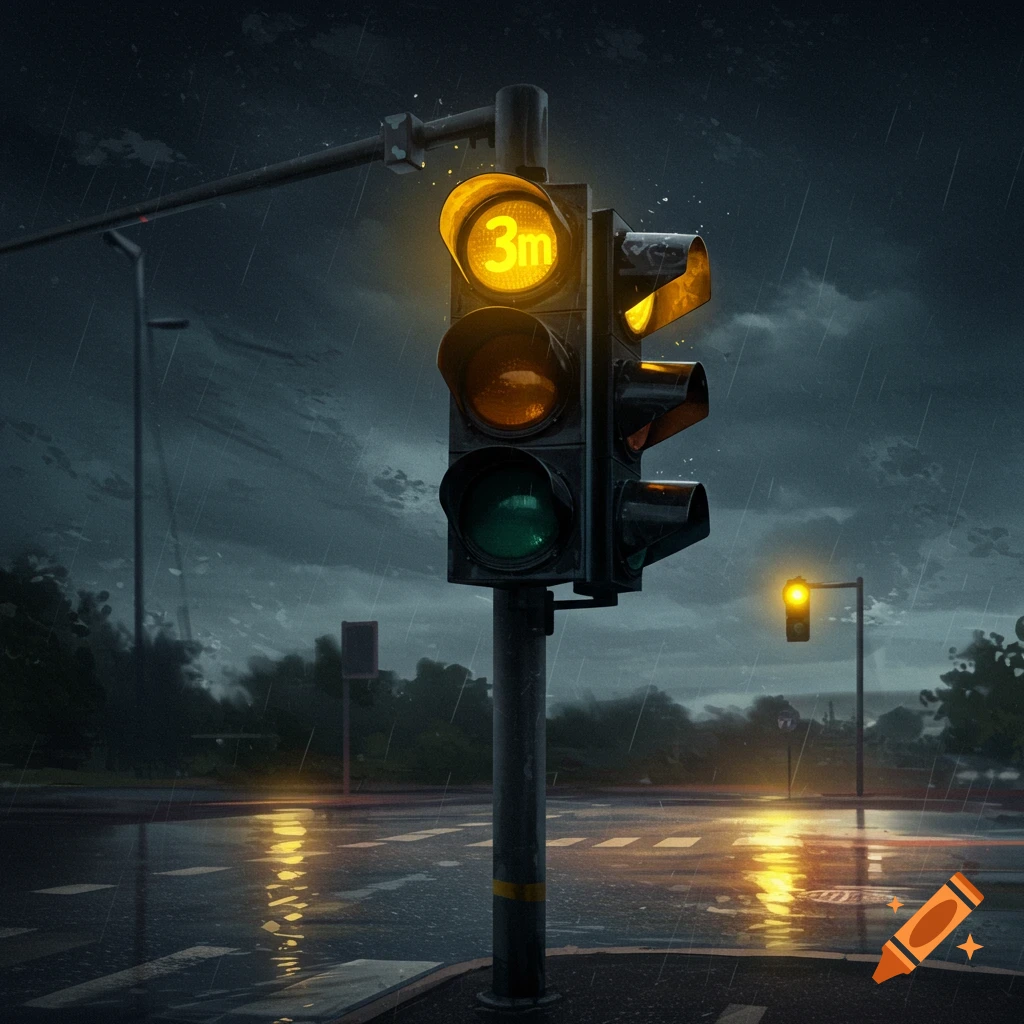 A traffic light displays a yellow light with '3m' on it during a rainy night.