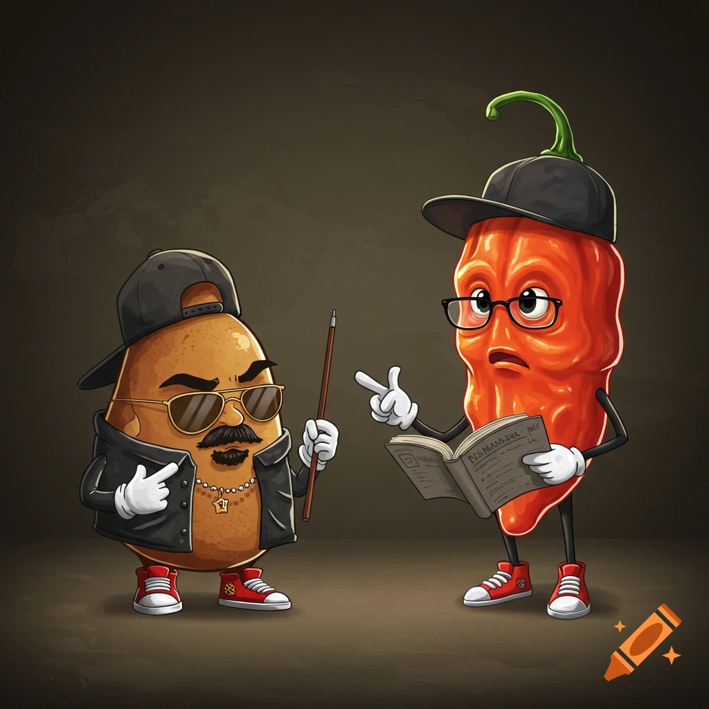 Cartoon gangster potato student with teacher habanero pepper holding a book.