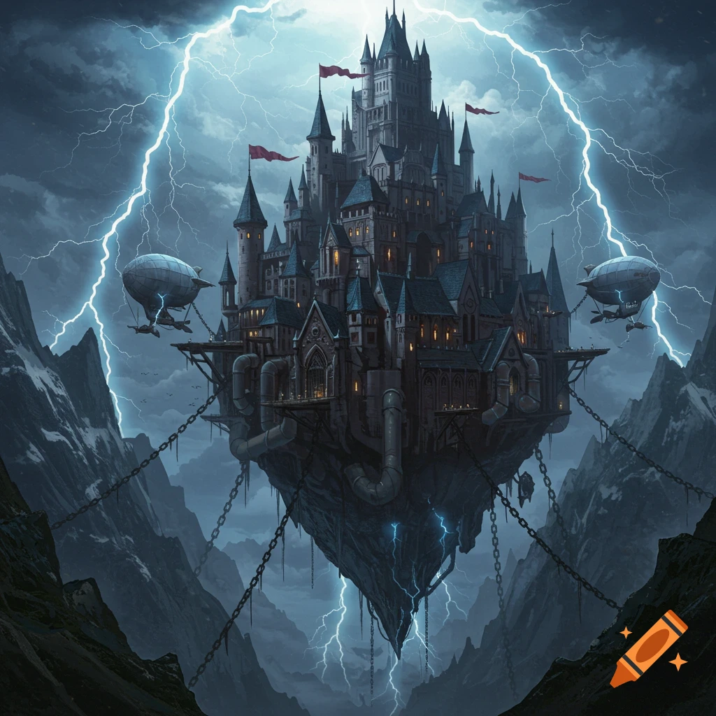 A floating, chained castle with zeppelins and lightning in dark mountains.