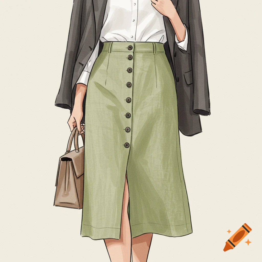 Drawing of woman in office wear: white shirt, grey blazer, green button-front skirt, holding handbag.