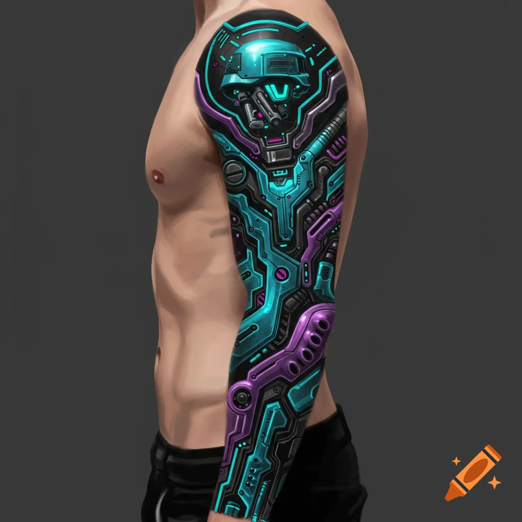 Cyberpunk military tattoo sleeve on a man's arm