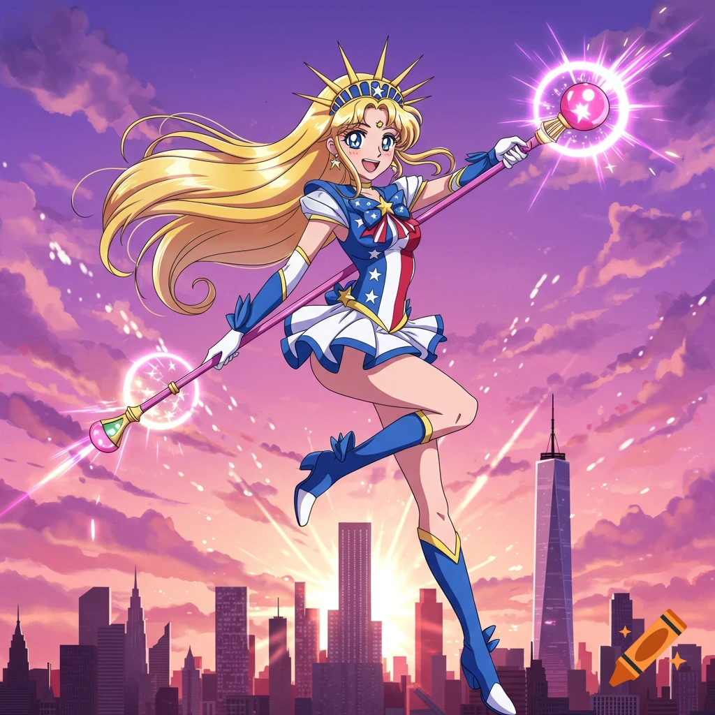 Anime magical girl in USA costume flying over a cityscape at sunset with staff