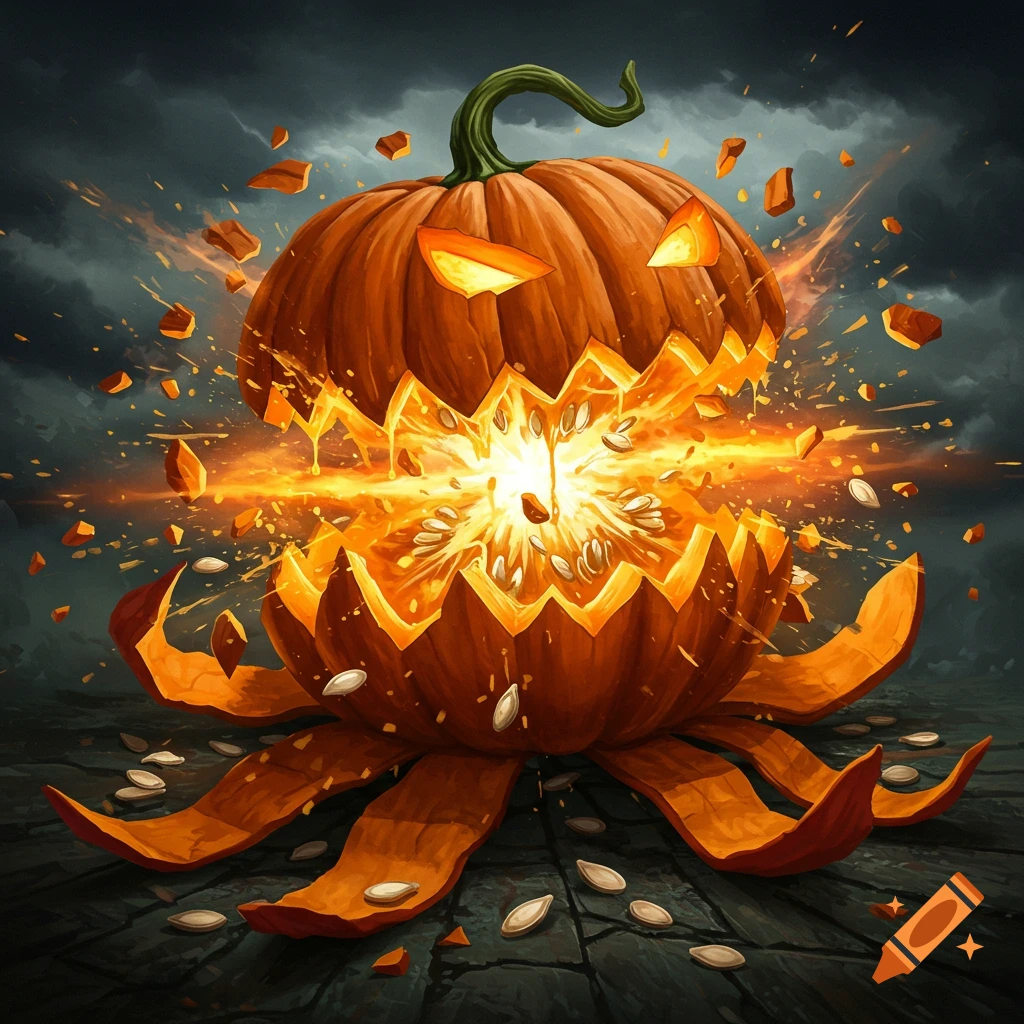 A monstrous pumpkin exploding with light and seeds.