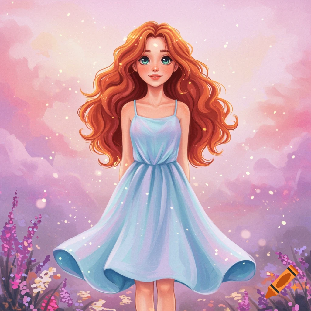 A girl with long red hair in a blue dress stands in a field of flowers under a fantasy sky.